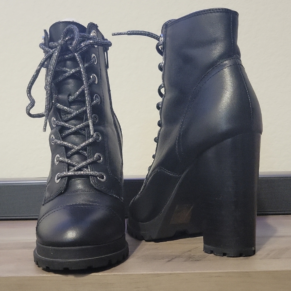 Aldo Black Lace-Up Chunky Heel Boots